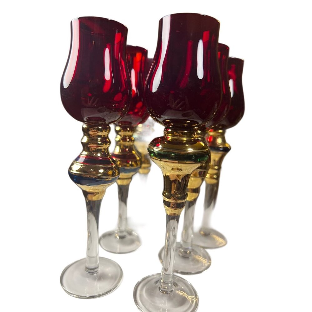 Vintage Red & Gold Glass Goblets Set Of 6 - Elegant Long Stemmed Crystal Glasswa